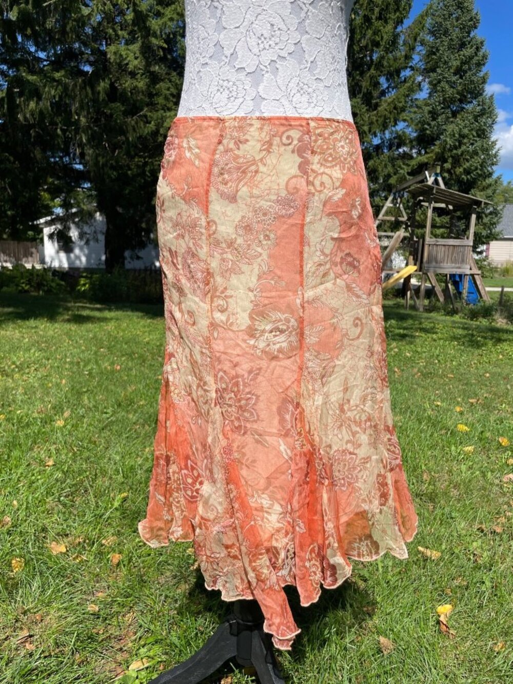 VTG Oltre Skirt Asymmetrical Hem Silk Low Rise Flowy Fairy Cream Boho 14 Floral